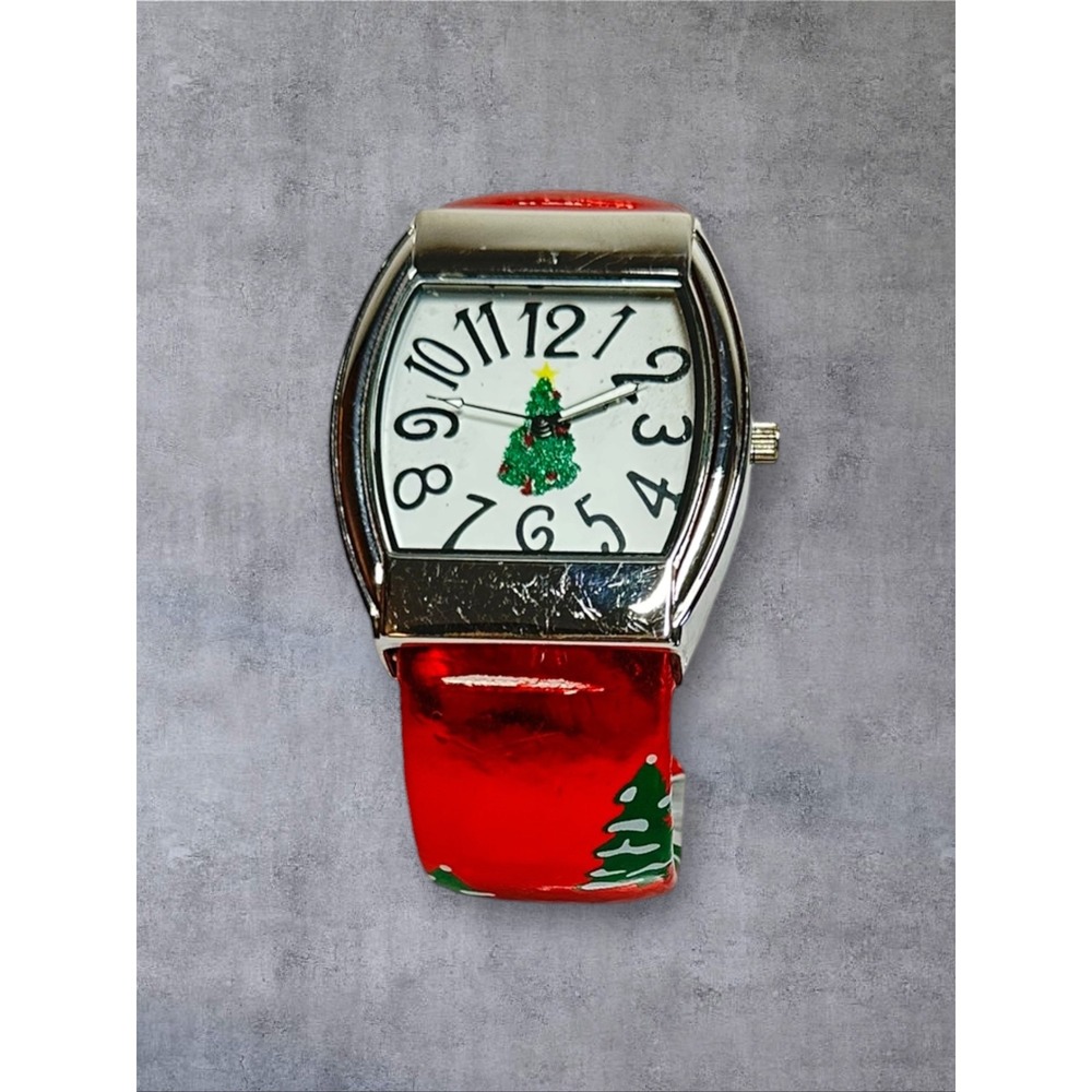 Accutime Christmas Tree Cuff Watch Womens Red Silver Fair Holiday Novelty